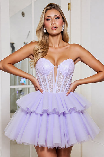 Corset Strapless A Line Tulle Lavender Short Prom Dress